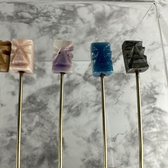 Vintage Tiki Easter Island Cocktail Appetizer Forks Skewer Carved Stone Set 12 - Picture 4 of 8